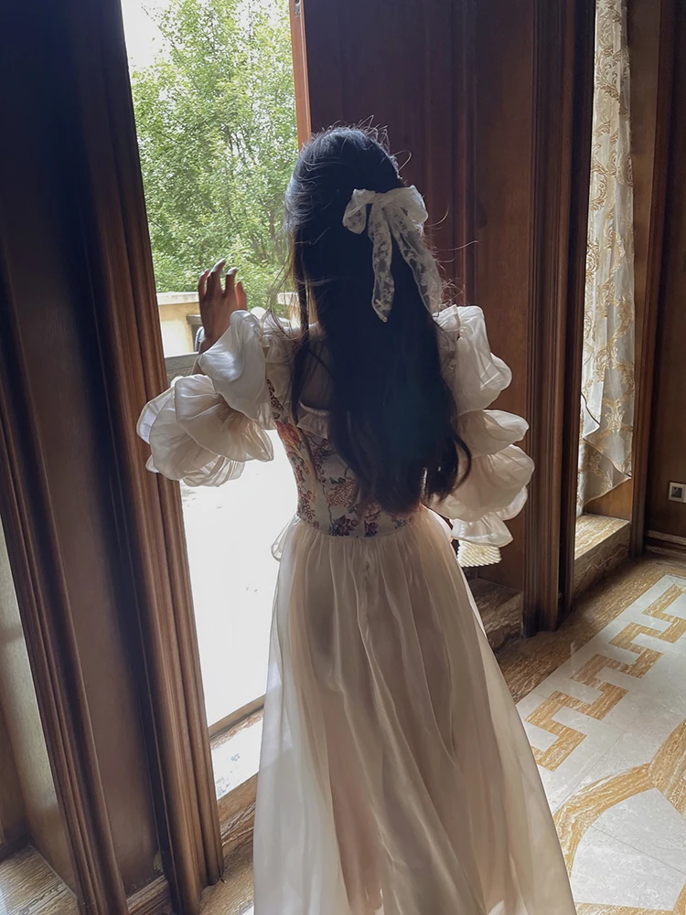 MEXZT Vintage Floral Midi Dress Women Elegant Party Prom Luxury Print Dresses Summer Korean Fairy Puff Sleeve Bodycon Vestidos