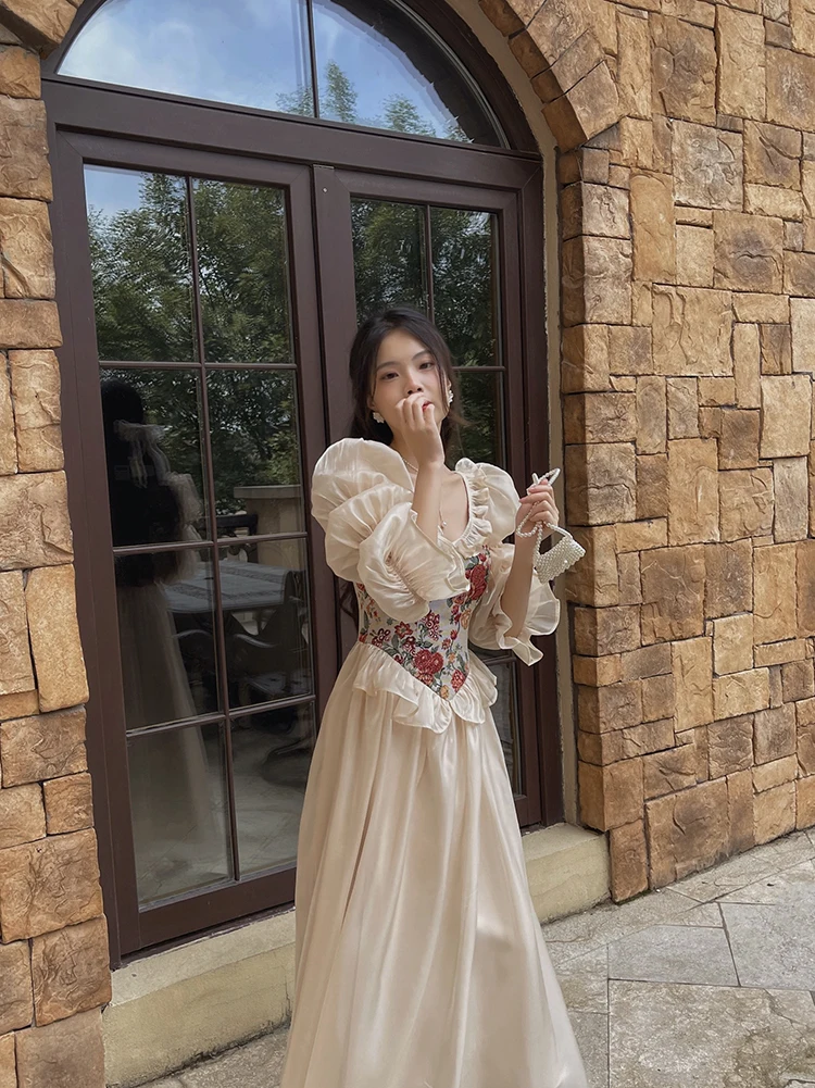 MEXZT Vintage Floral Midi Dress Women Elegant Party Prom Luxury Print Dresses Summer Korean Fairy Puff Sleeve Bodycon Vestidos