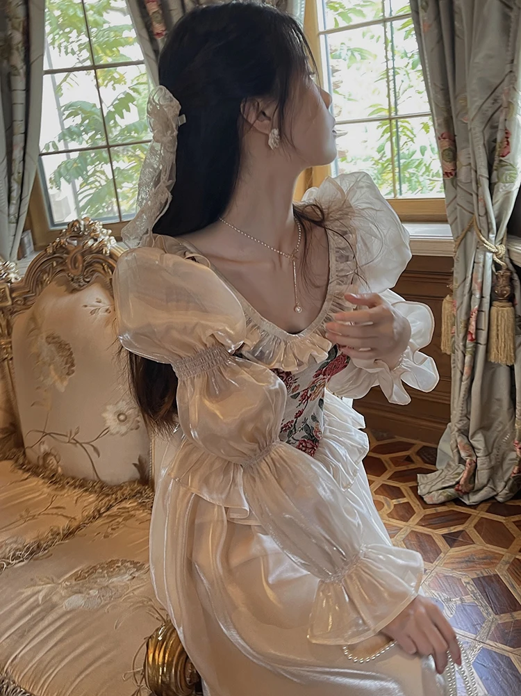 MEXZT Vintage Floral Midi Dress Women Elegant Party Prom Luxury Print Dresses Summer Korean Fairy Puff Sleeve Bodycon Vestidos