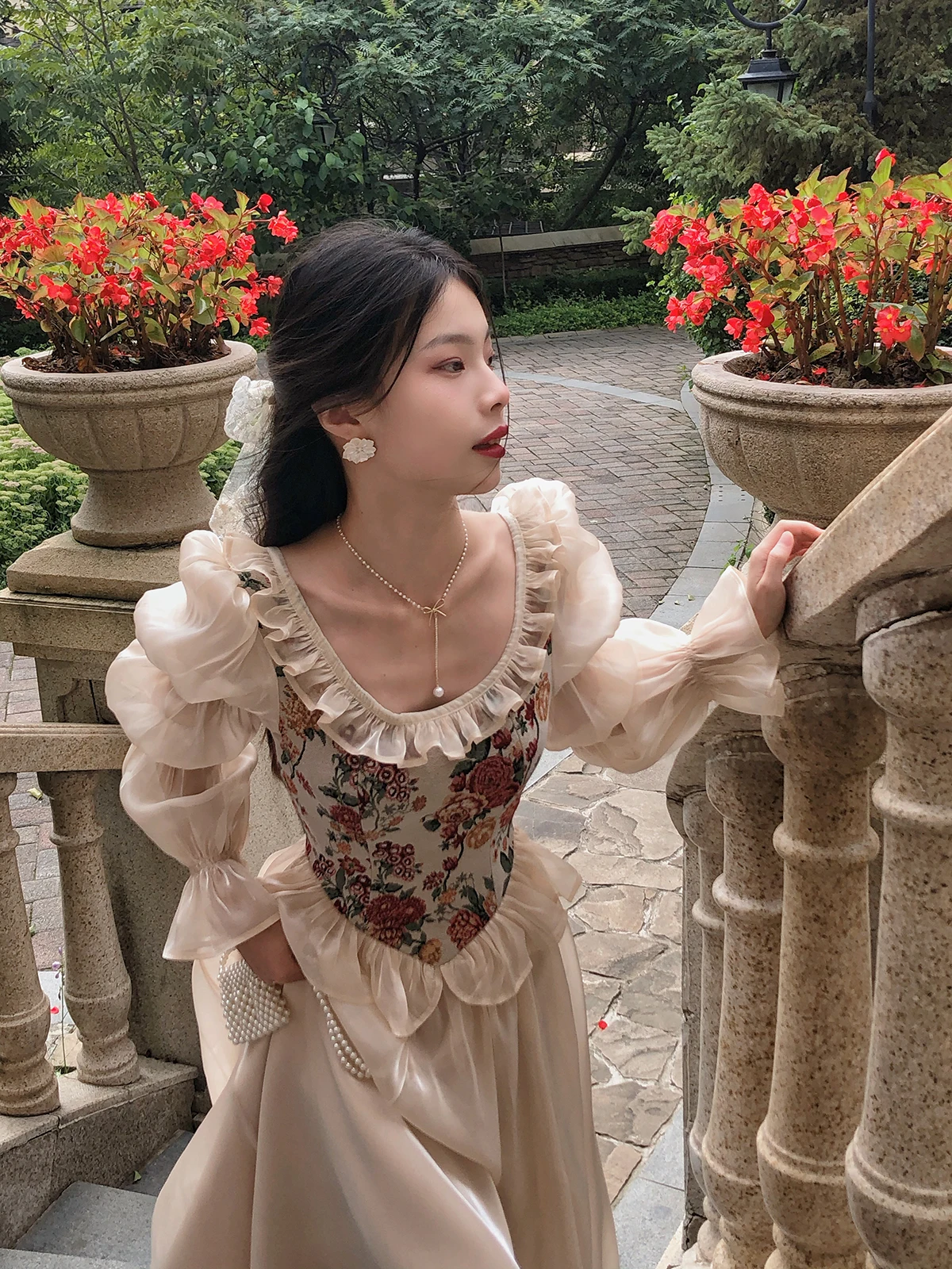 MEXZT Vintage Floral Midi Dress Women Elegant Party Prom Luxury Print Dresses Summer Korean Fairy Puff Sleeve Bodycon Vestidos
