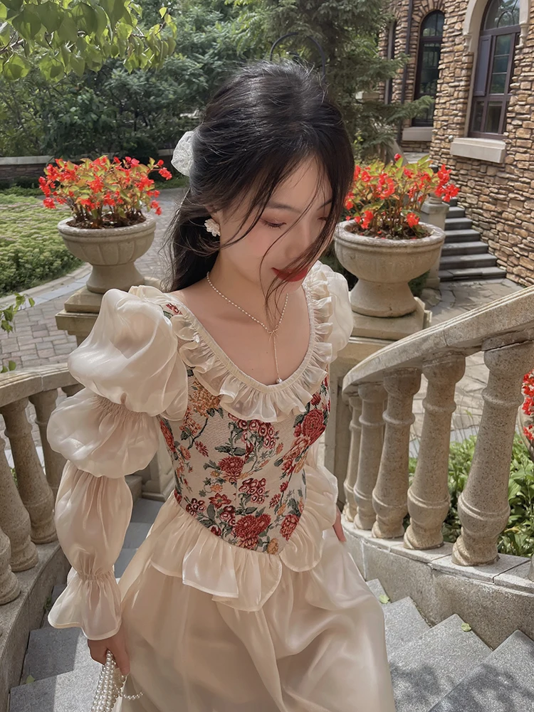 MEXZT Vintage Floral Midi Dress Women Elegant Party Prom Luxury Print Dresses Summer Korean Fairy Puff Sleeve Bodycon Vestidos