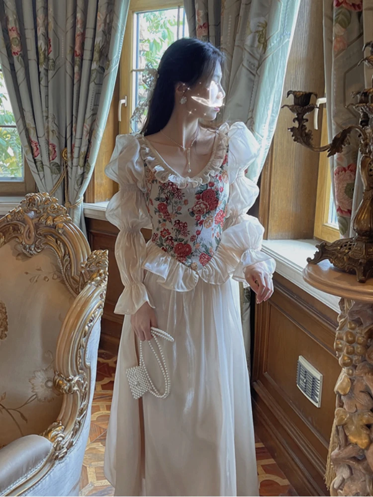 MEXZT Vintage Floral Midi Dress Women Elegant Party Prom Luxury Print Dresses Summer Korean Fairy Puff Sleeve Bodycon Vestidos