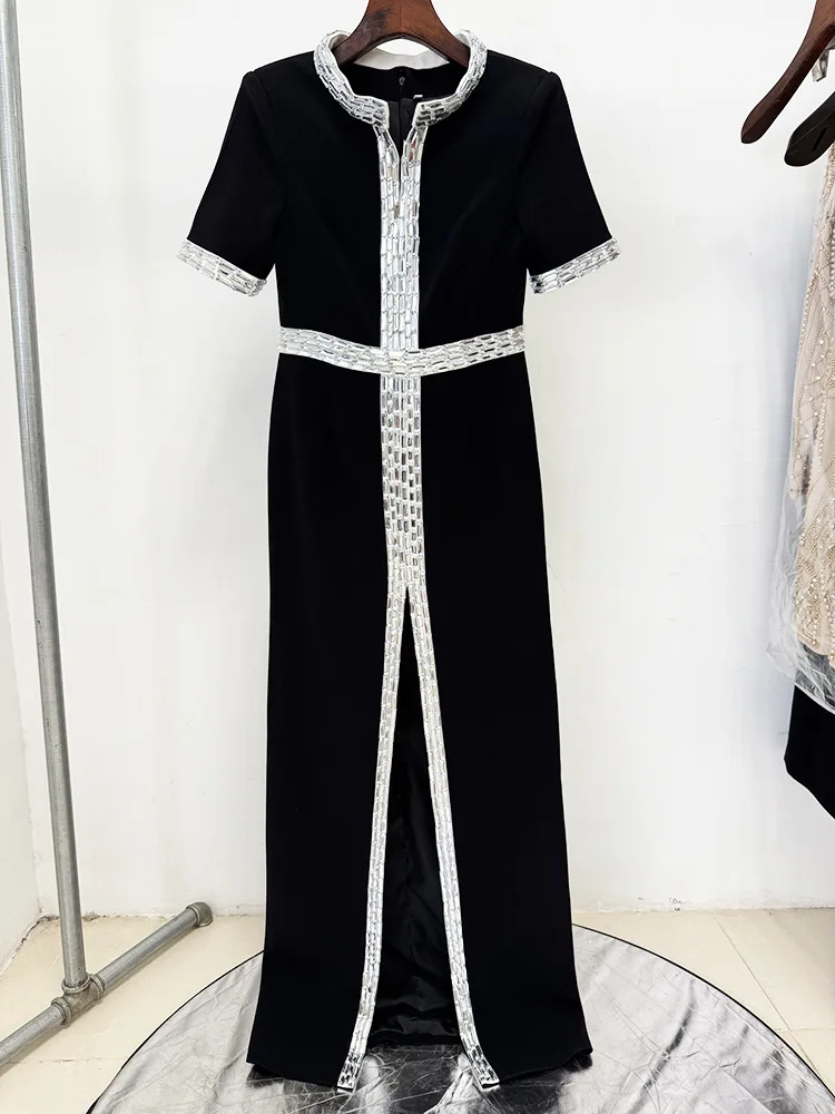 HIGH STREET Newest Fashion 2026 Designer Party Women's Short Sleeve Luxurious Diamonds Beaded Long Maxi Dress