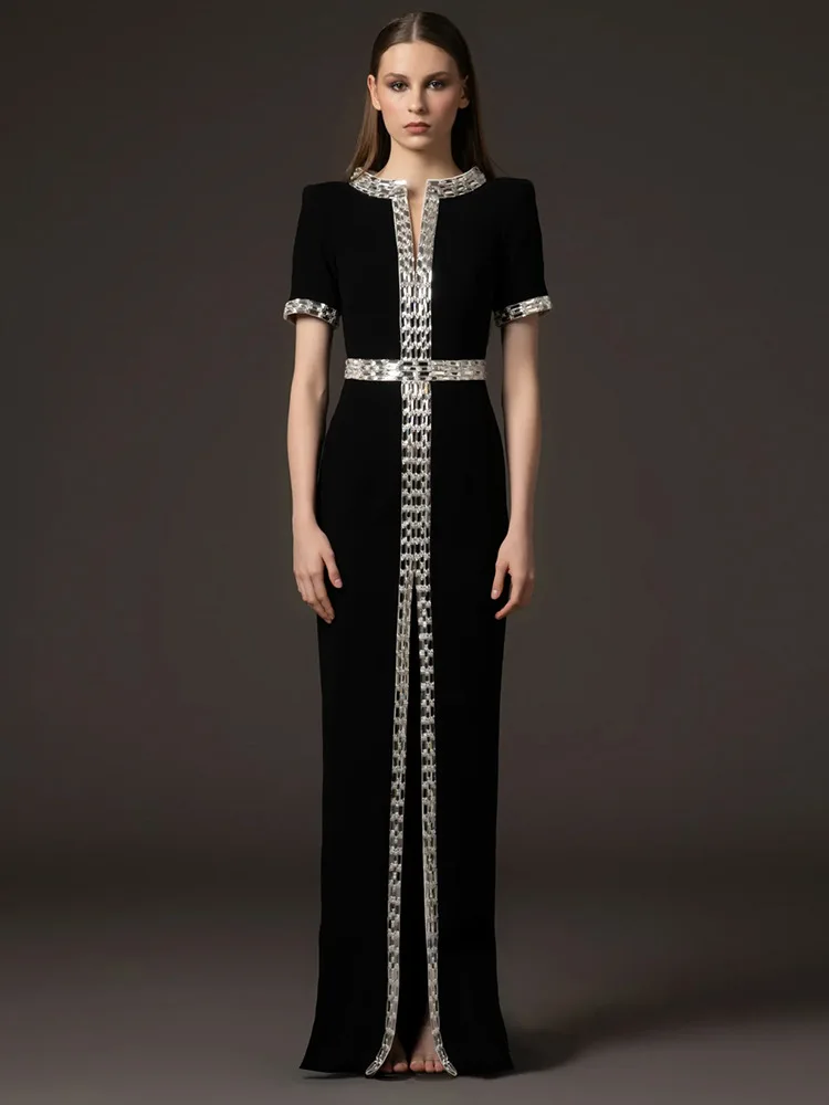 HIGH STREET Newest Fashion 2026 Designer Party Women's Short Sleeve Luxurious Diamonds Beaded Long Maxi Dress