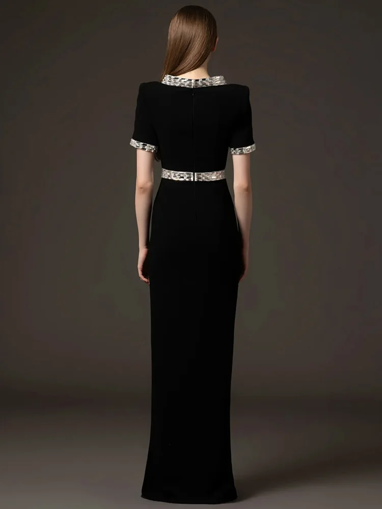 HIGH STREET Newest Fashion 2026 Designer Party Women's Short Sleeve Luxurious Diamonds Beaded Long Maxi Dress