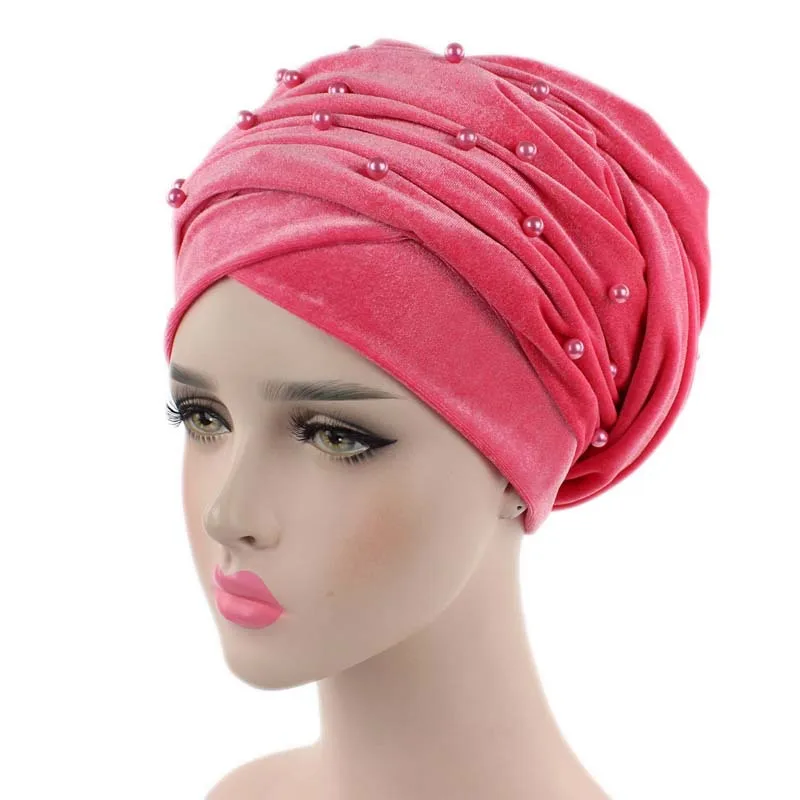 Warm Velvet Turban Scarf Hijab for Women Beading Headscarf Bonnet African Indian Hat Female Head Wraps Islamic Headwear