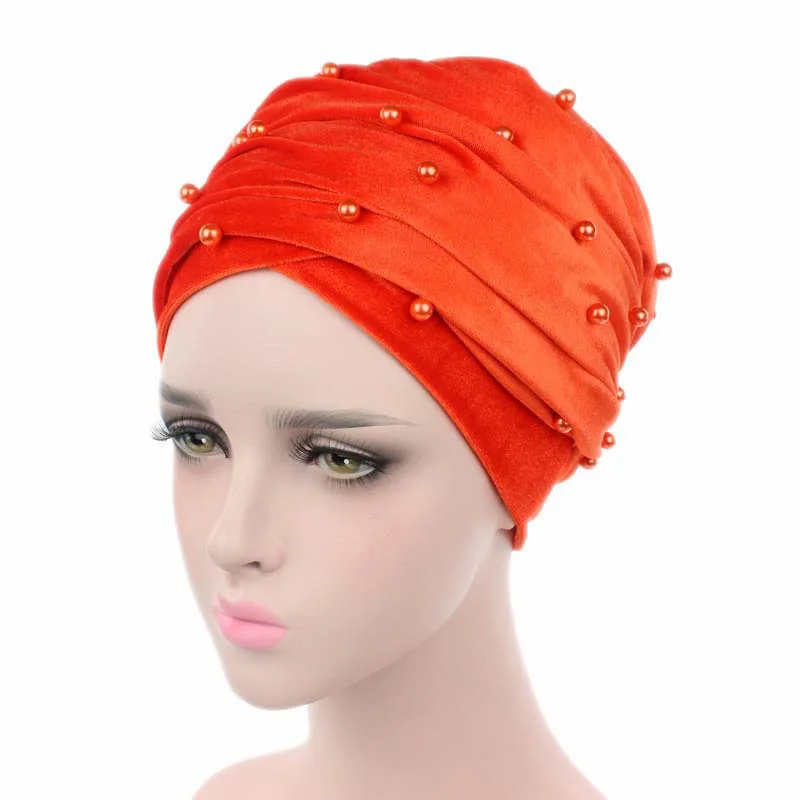 Warm Velvet Turban Scarf Hijab for Women Beading Headscarf Bonnet African Indian Hat Female Head Wraps Islamic Headwear