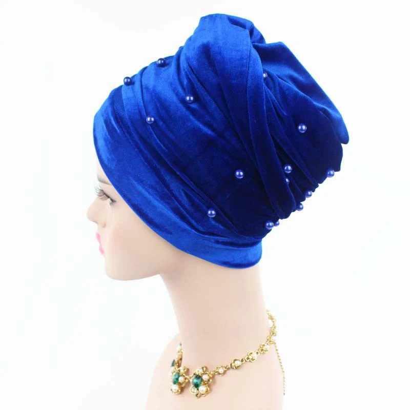 Warm Velvet Turban Scarf Hijab for Women Beading Headscarf Bonnet African Indian Hat Female Head Wraps Islamic Headwear