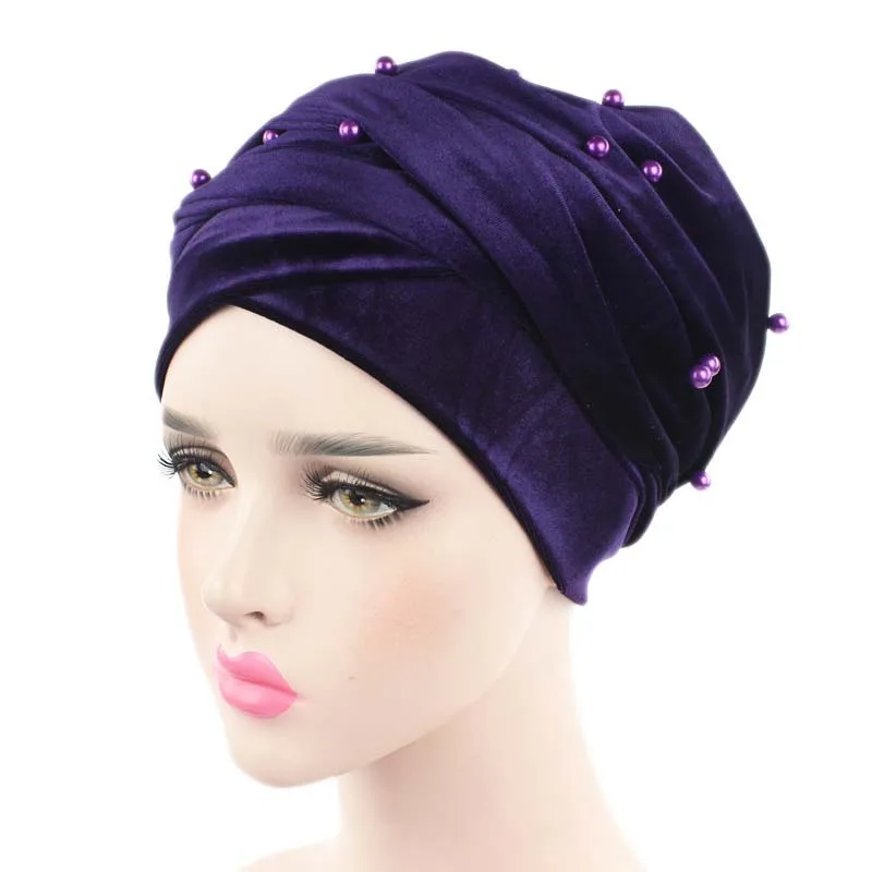 Warm Velvet Turban Scarf Hijab for Women Beading Headscarf Bonnet African Indian Hat Female Head Wraps Islamic Headwear