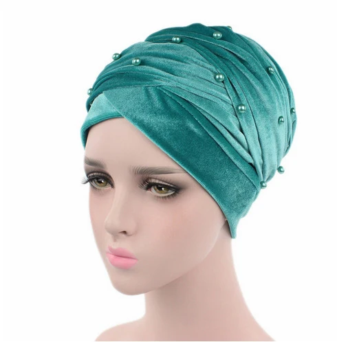 Warm Velvet Turban Scarf Hijab for Women Beading Headscarf Bonnet African Indian Hat Female Head Wraps Islamic Headwear