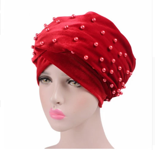Warm Velvet Turban Scarf Hijab for Women Beading Headscarf Bonnet African Indian Hat Female Head Wraps Islamic Headwear