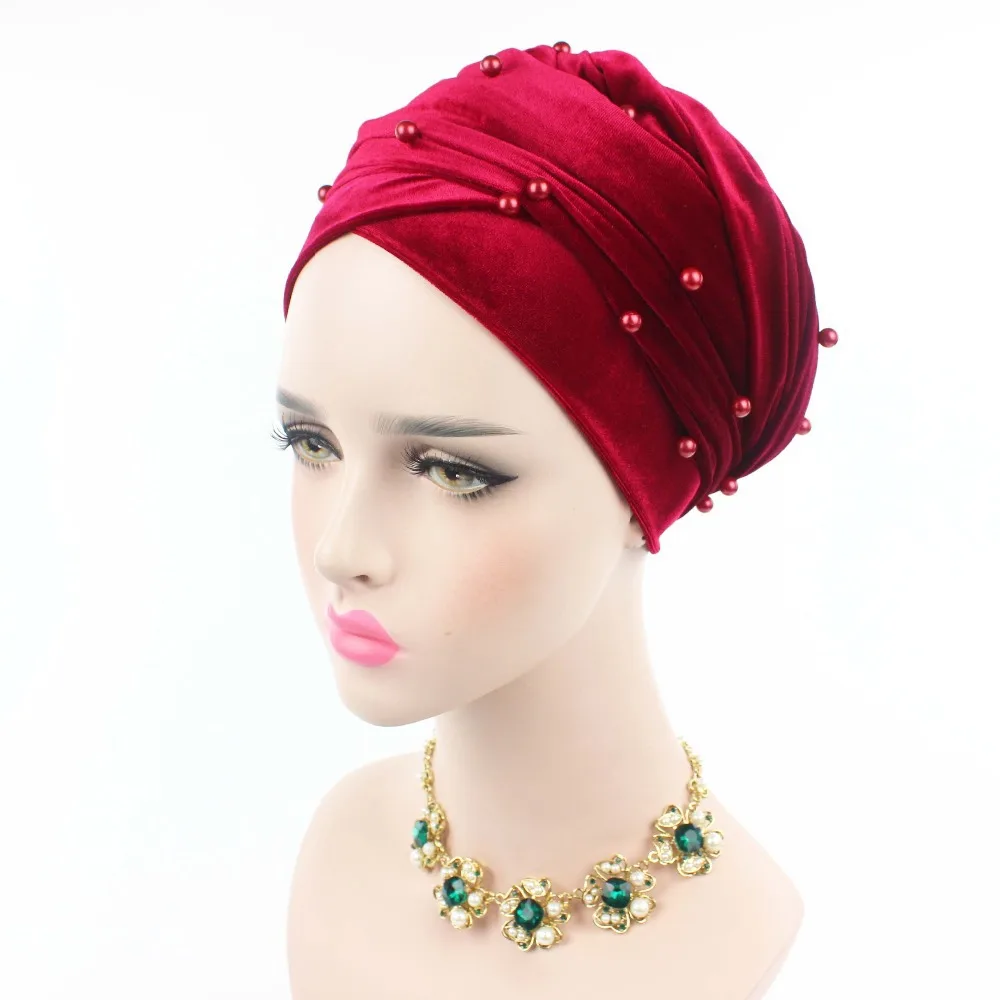Warm Velvet Turban Scarf Hijab for Women Beading Headscarf Bonnet African Indian Hat Female Head Wraps Islamic Headwear