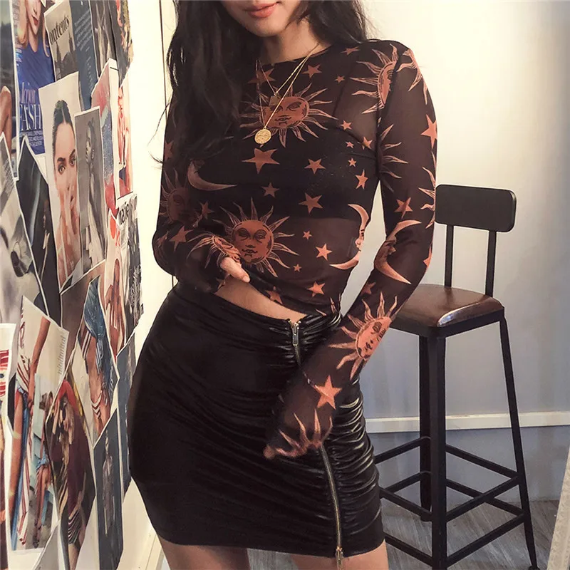 Sun Moon Printed Transparent Mesh Sexy T-Shirt Women O-Neck Long Sleeve Slim Basic Casual Female Tops Spring New