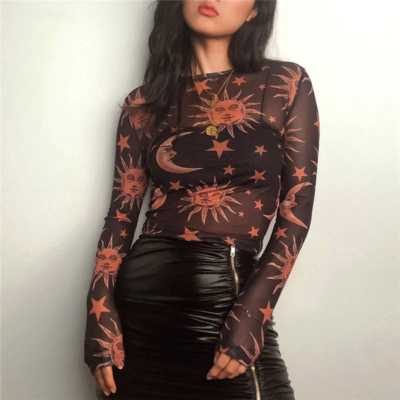 Sun Moon Printed Transparent Mesh Sexy T-Shirt Women O-Neck Long Sleeve Slim Basic Casual Female Tops Spring New