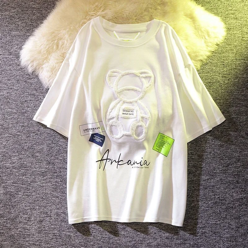 Embroidered Bear Short-sleeved T Shirt 100% Cotton Men's Womens Casual Loose Student T-Shirt Printing Half-sleeved Kawaii Tops