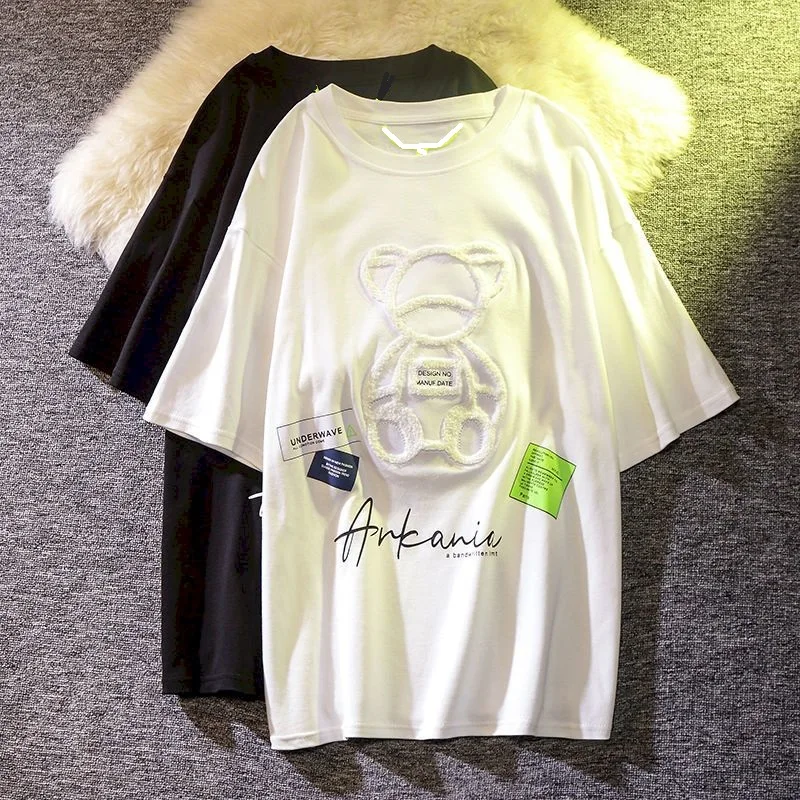Embroidered Bear Short-sleeved T Shirt 100% Cotton Men's Womens Casual Loose Student T-Shirt Printing Half-sleeved Kawaii Tops