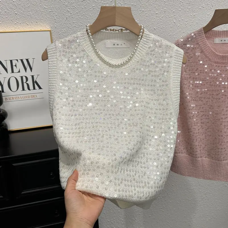Summer Fashion Loose Slim T-shirt Unique Design Sequin Women Vest Top Korean Sweet Top Knitted Vest For Women New Waistcoat Top