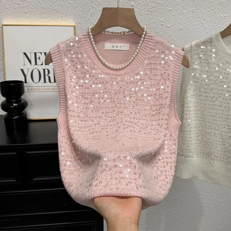 Summer Fashion Loose Slim T-shirt Unique Design Sequin Women Vest Top Korean Sweet Top Knitted Vest For Women New Waistcoat Top