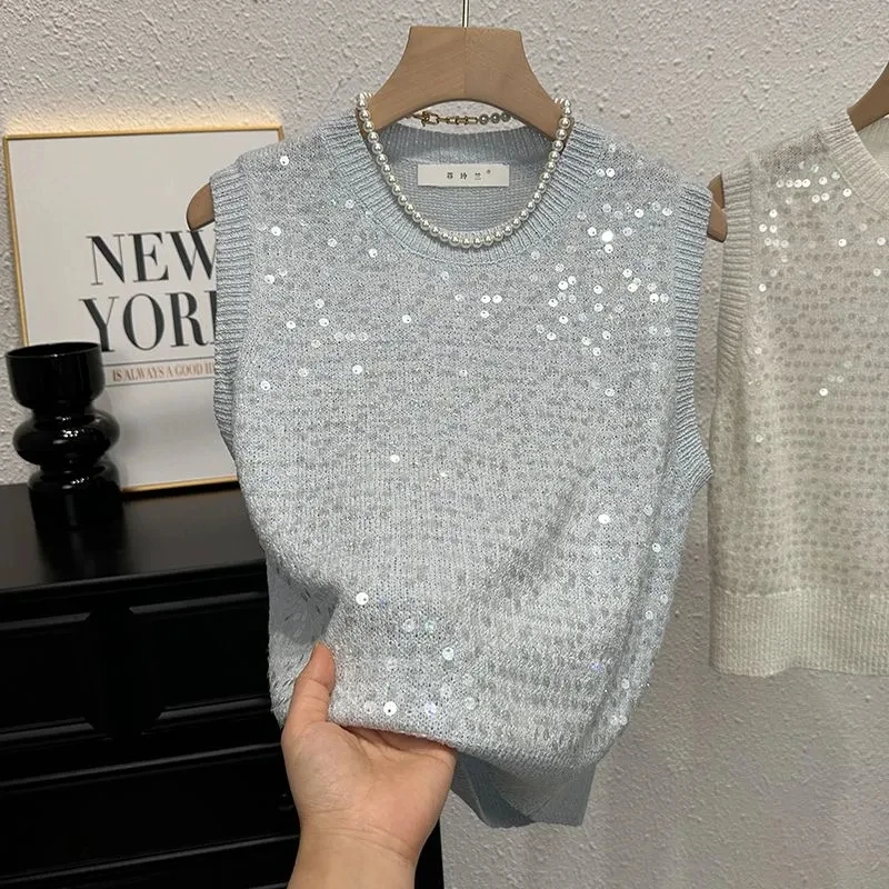 Summer Fashion Loose Slim T-shirt Unique Design Sequin Women Vest Top Korean Sweet Top Knitted Vest For Women New Waistcoat Top