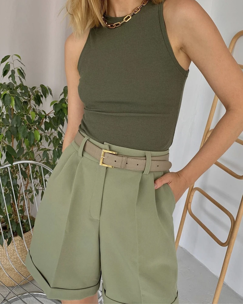 Hirsionsan High Waist Shorts Women 2023 New Summer Casual Elegant Soft Pants with Sashes Loose Shorts with Pockets for Ladies