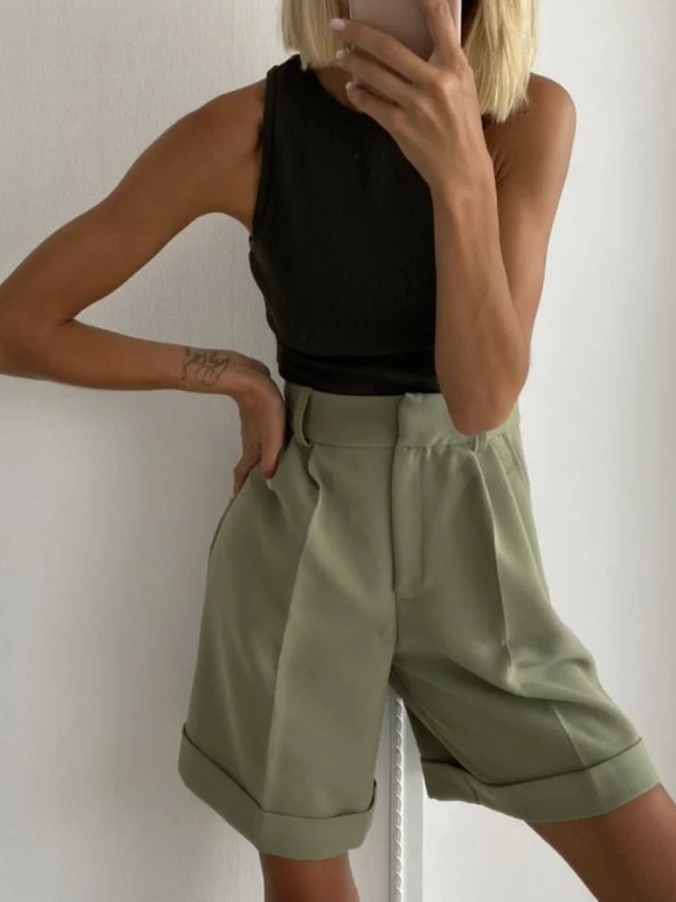 Hirsionsan High Waist Shorts Women 2023 New Summer Casual Elegant Soft Pants with Sashes Loose Shorts with Pockets for Ladies