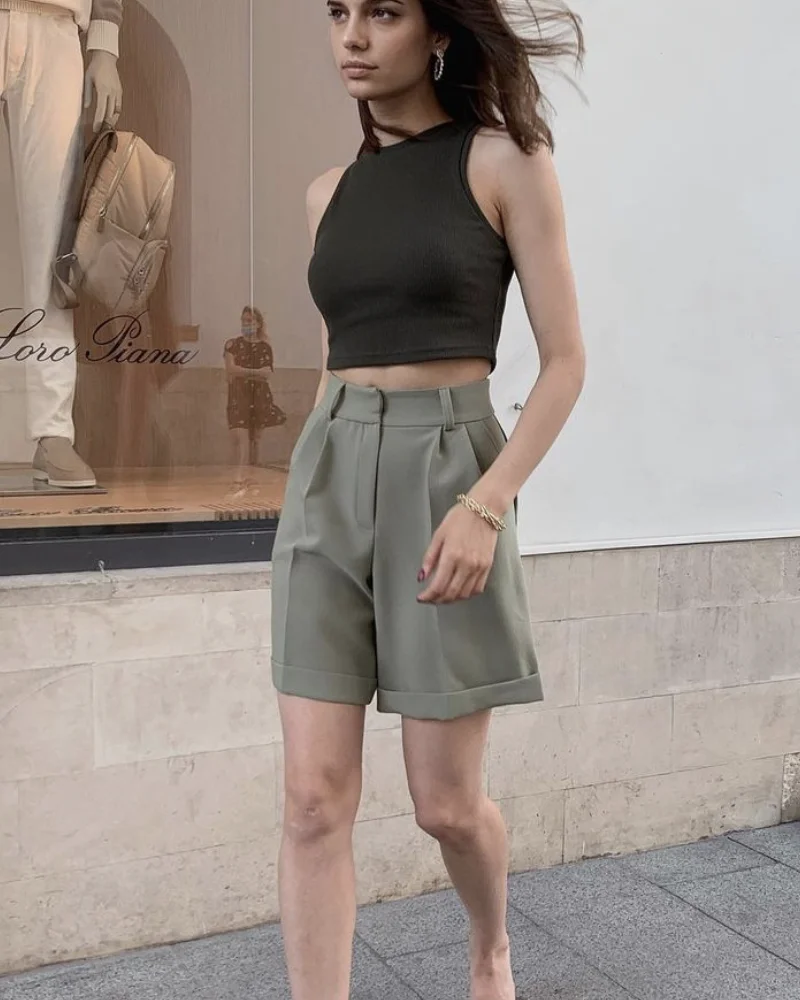 Hirsionsan High Waist Shorts Women 2023 New Summer Casual Elegant Soft Pants with Sashes Loose Shorts with Pockets for Ladies