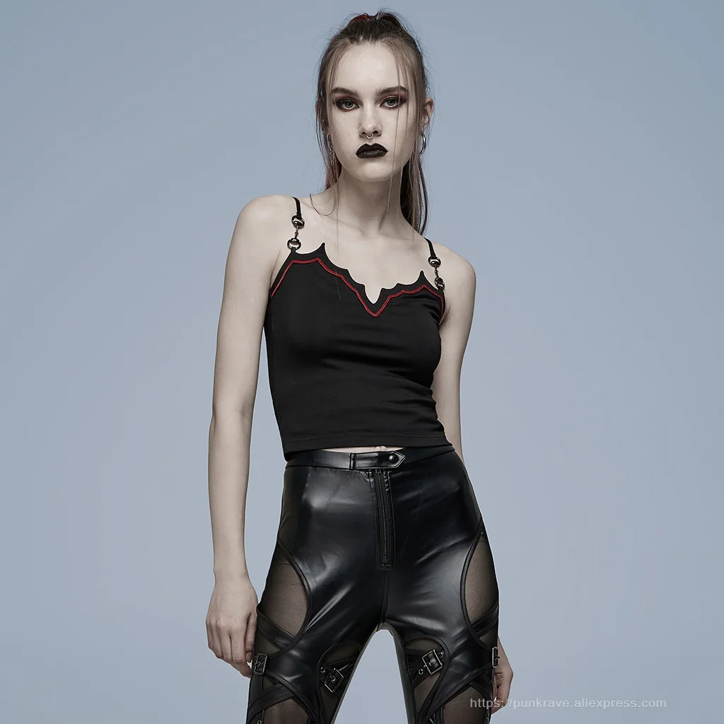 PUNK RAVE Women's Gothic Daily Bat Camisoles Sexy Slim Camisole Which Is Novel Metal Loop Fashion Tops Camis
