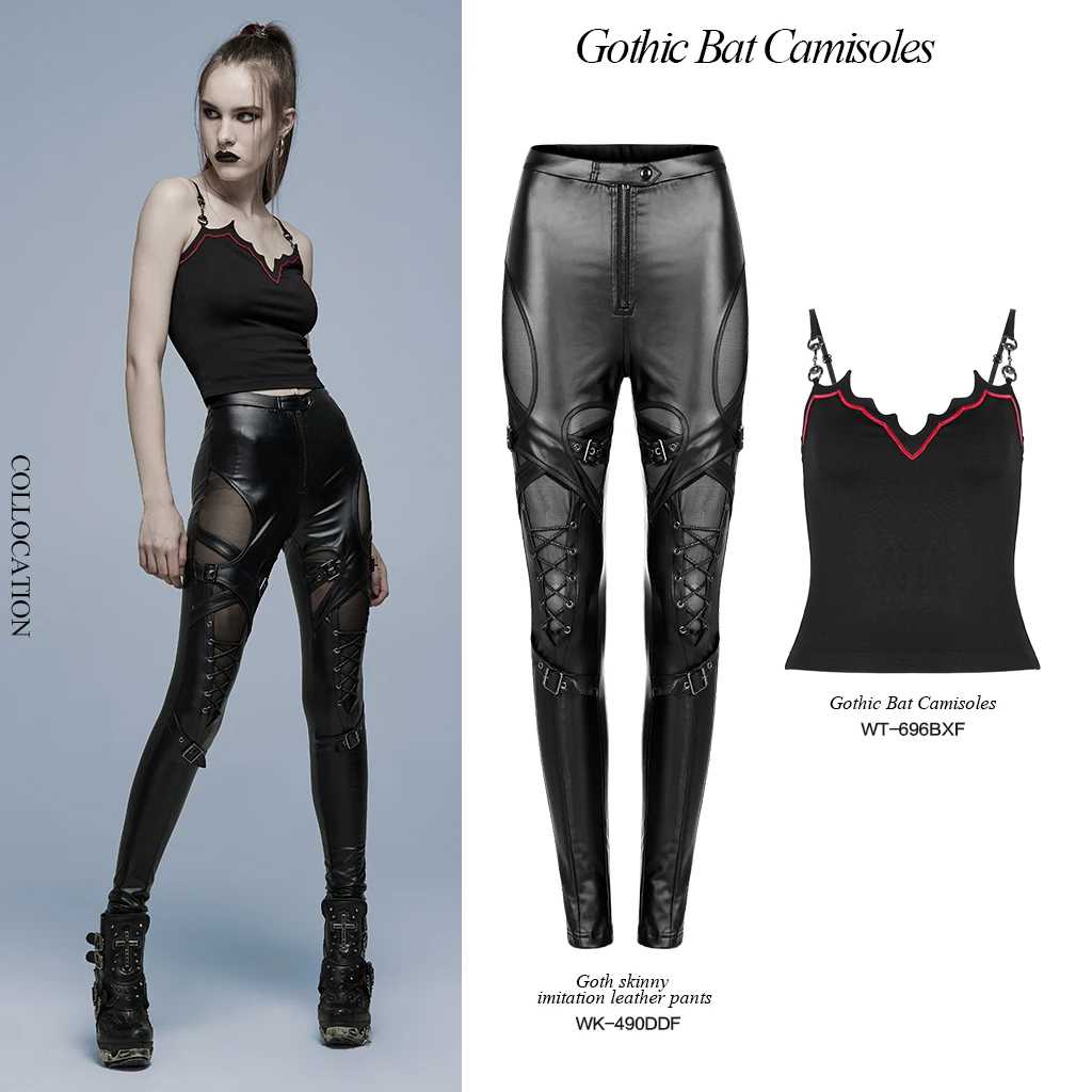 PUNK RAVE Women's Gothic Daily Bat Camisoles Sexy Slim Camisole Which Is Novel Metal Loop Fashion Tops Camis