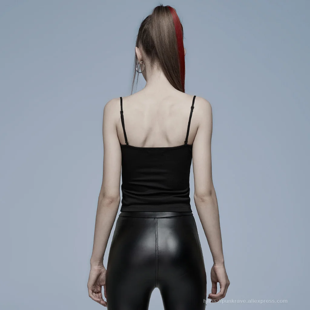 PUNK RAVE Women's Gothic Daily Bat Camisoles Sexy Slim Camisole Which Is Novel Metal Loop Fashion Tops Camis
