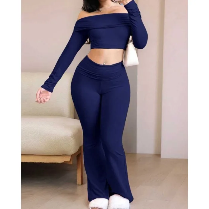 Casual Workout Two Piece Sets Woman Outfits Crop Long Sleeves Tops Foldover Flare Pants Tracksuit Suit Summer and Fall 2025 New