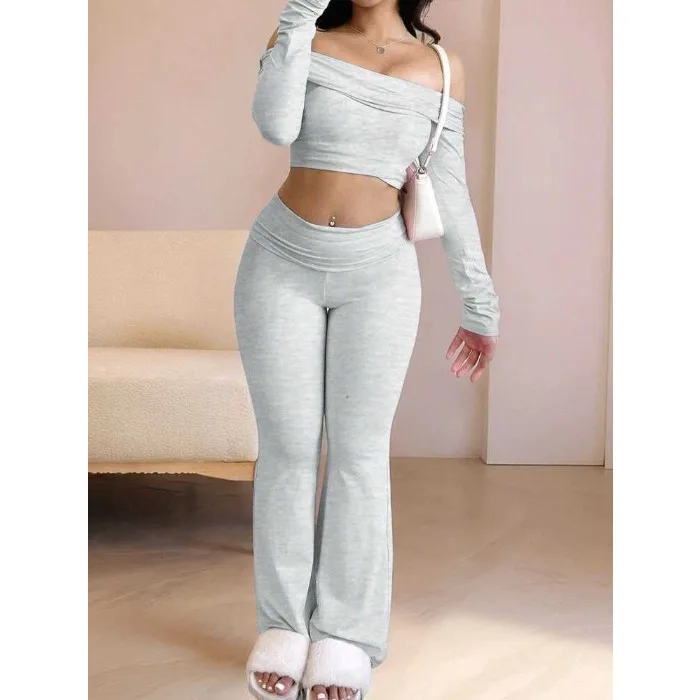 Casual Workout Two Piece Sets Woman Outfits Crop Long Sleeves Tops Foldover Flare Pants Tracksuit Suit Summer and Fall 2025 New
