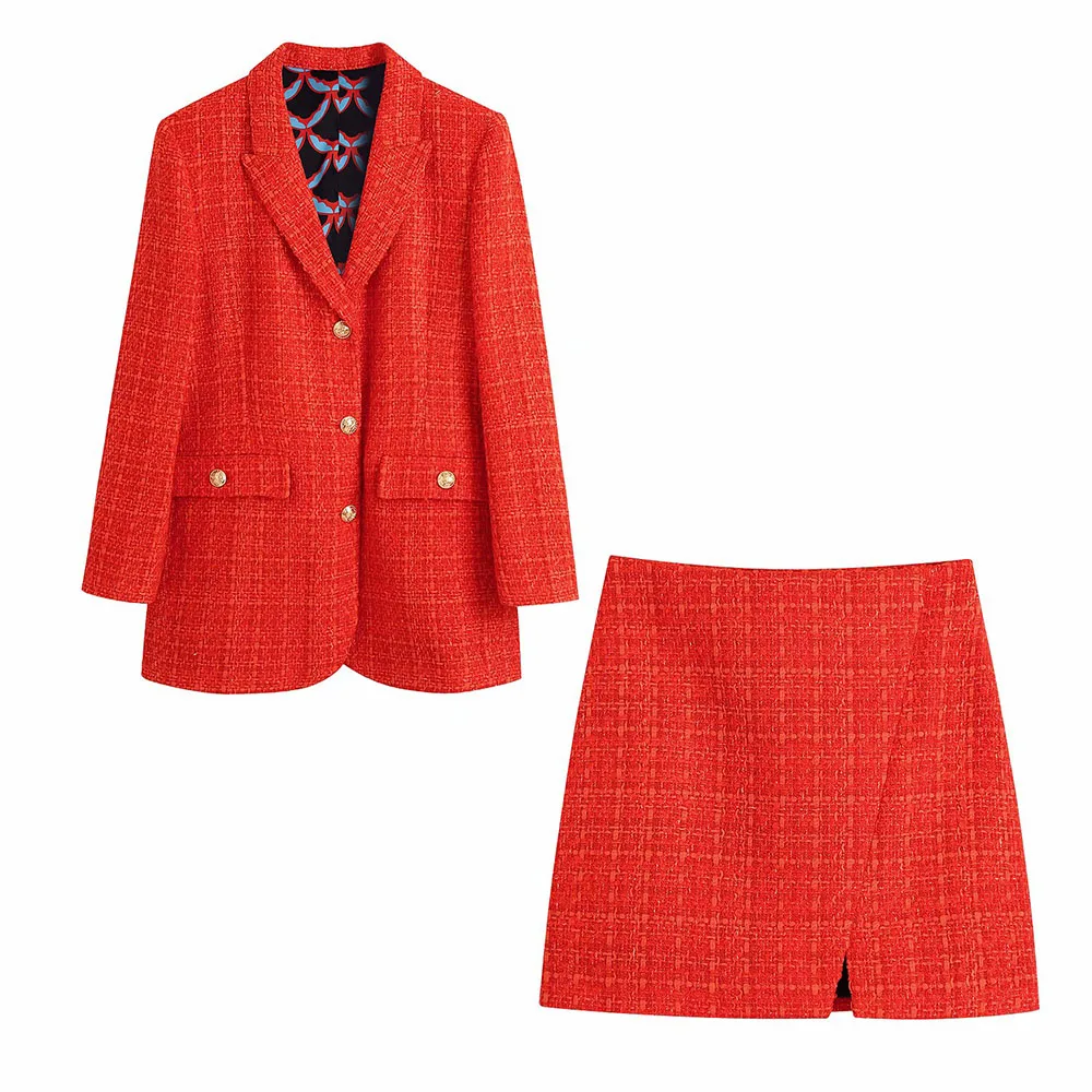 Klacwaya 2021 Women Fashion Two-Piece Set Vintage Print Lining Tweed Blazer Coat Female Front Slit Tweed Mini Skirt Chic Suit