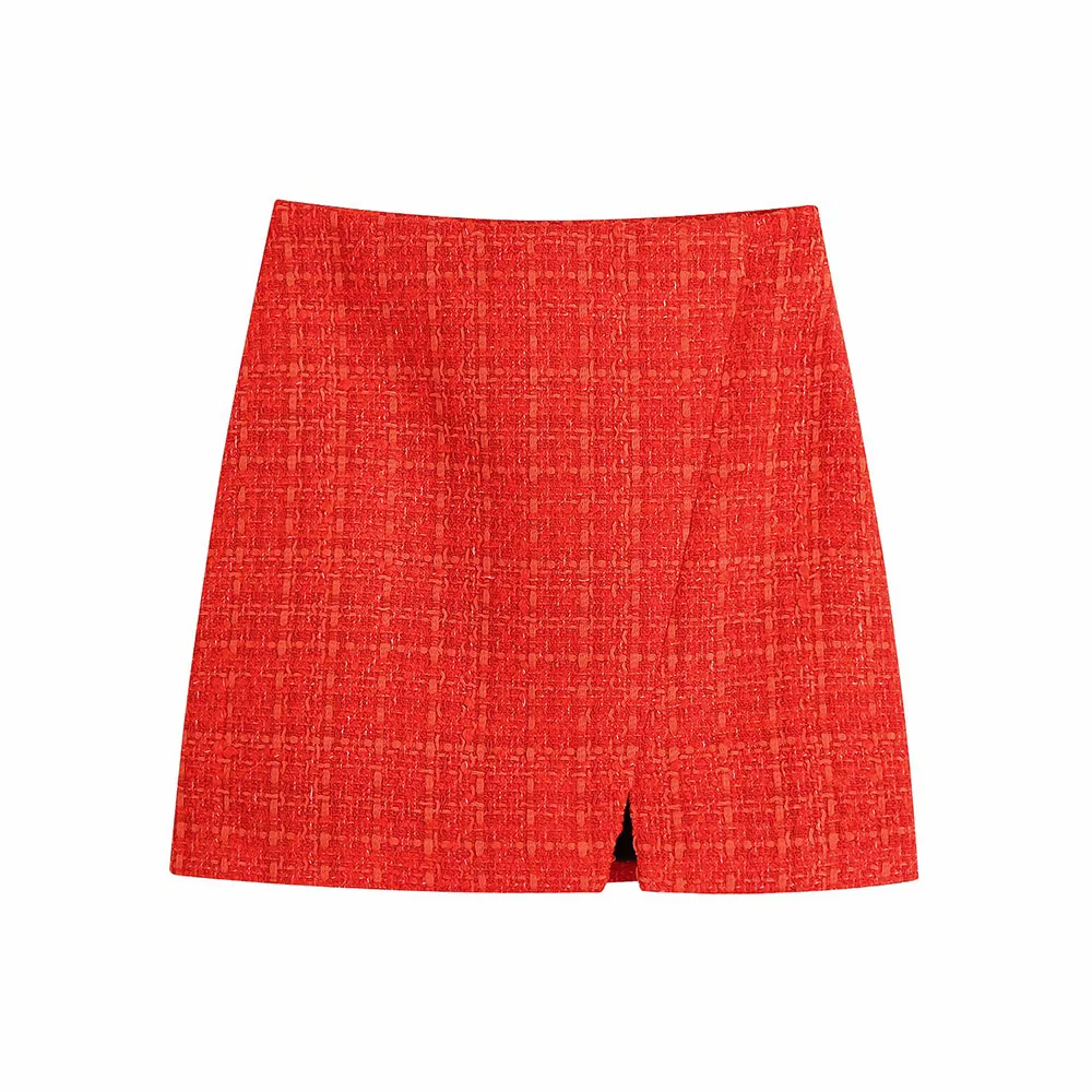 Klacwaya 2021 Women Fashion Two-Piece Set Vintage Print Lining Tweed Blazer Coat Female Front Slit Tweed Mini Skirt Chic Suit