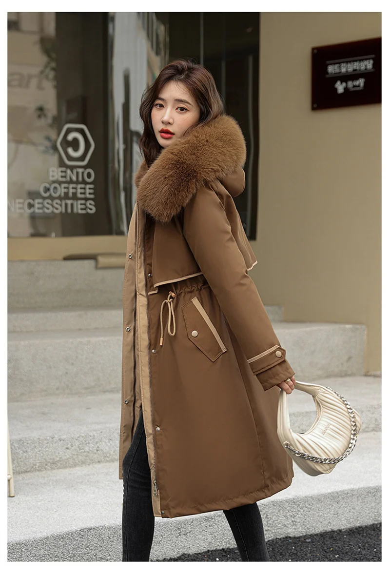 Korean Cotton Lined Winter Parkas Women Faux Fur Collar Hooded Jackets 2023 Warm Cotton Padded Coat Outerwear Female Windbreaker