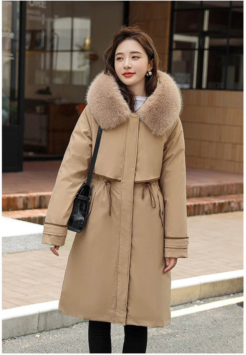 Korean Cotton Lined Winter Parkas Women Faux Fur Collar Hooded Jackets 2023 Warm Cotton Padded Coat Outerwear Female Windbreaker