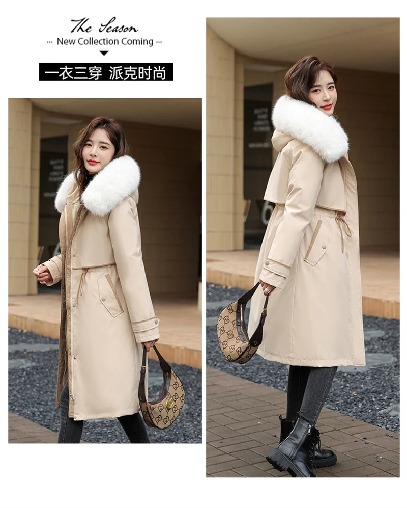 Korean Cotton Lined Winter Parkas Women Faux Fur Collar Hooded Jackets 2023 Warm Cotton Padded Coat Outerwear Female Windbreaker
