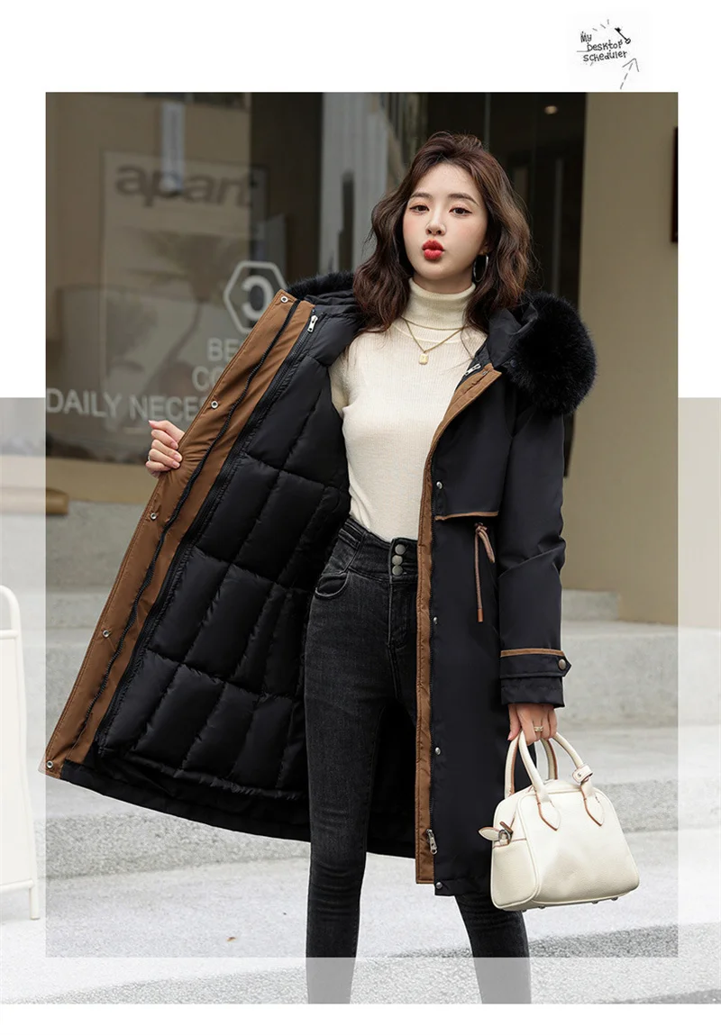 Korean Cotton Lined Winter Parkas Women Faux Fur Collar Hooded Jackets 2023 Warm Cotton Padded Coat Outerwear Female Windbreaker