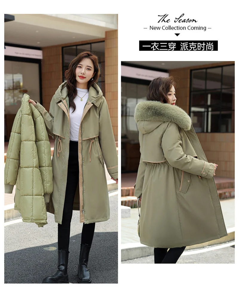 Korean Cotton Lined Winter Parkas Women Faux Fur Collar Hooded Jackets 2023 Warm Cotton Padded Coat Outerwear Female Windbreaker