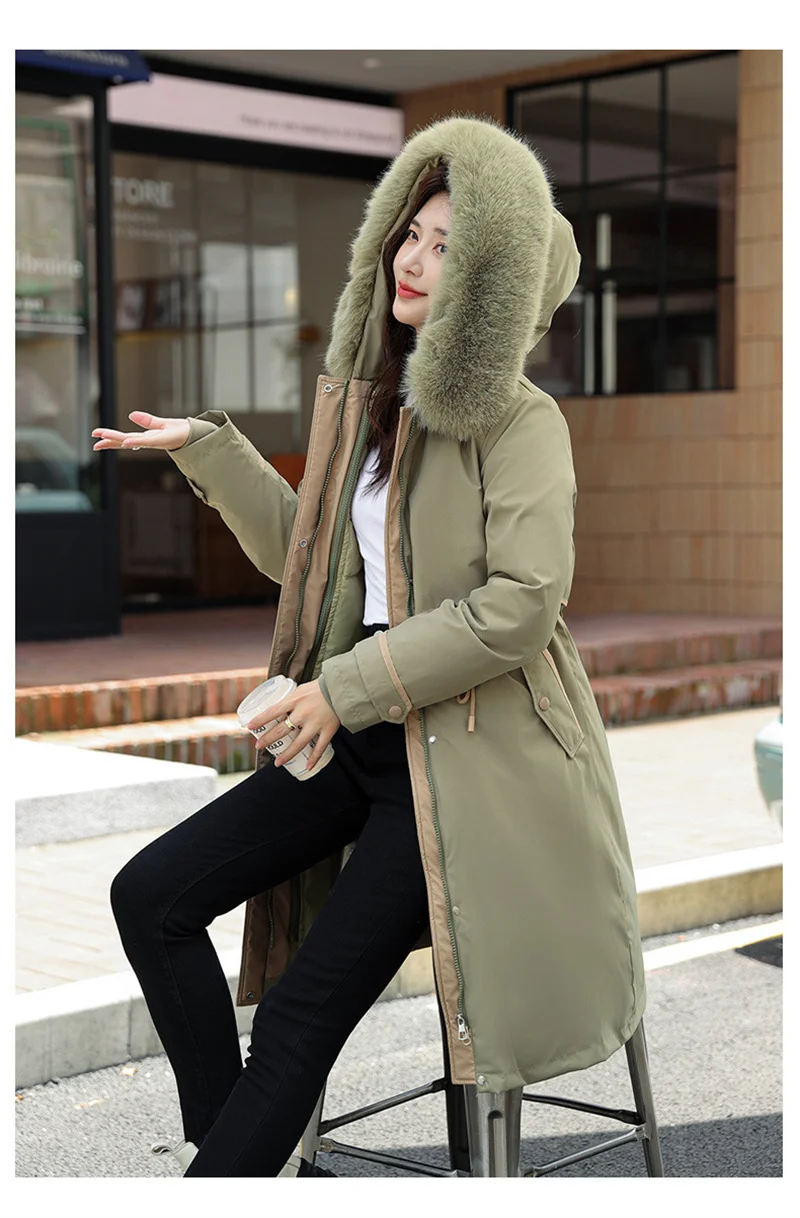 Korean Cotton Lined Winter Parkas Women Faux Fur Collar Hooded Jackets 2023 Warm Cotton Padded Coat Outerwear Female Windbreaker
