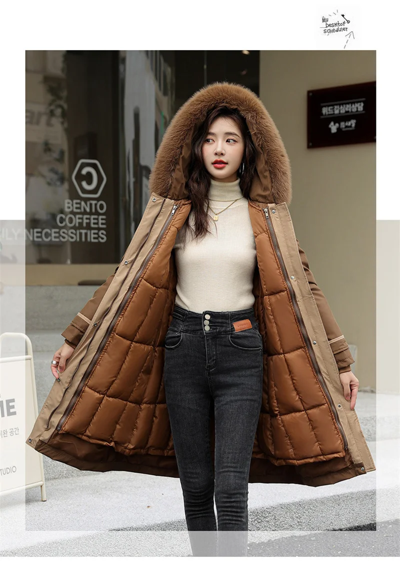 Korean Cotton Lined Winter Parkas Women Faux Fur Collar Hooded Jackets 2023 Warm Cotton Padded Coat Outerwear Female Windbreaker