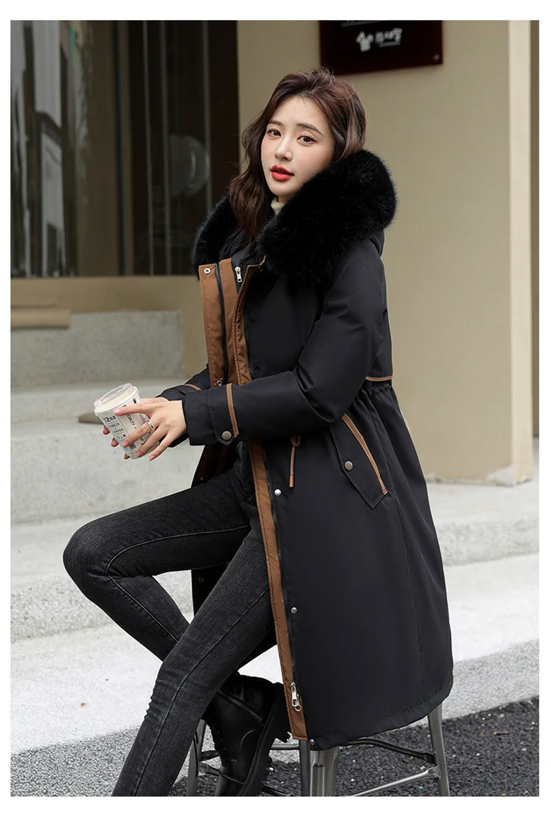 Korean Cotton Lined Winter Parkas Women Faux Fur Collar Hooded Jackets 2023 Warm Cotton Padded Coat Outerwear Female Windbreaker