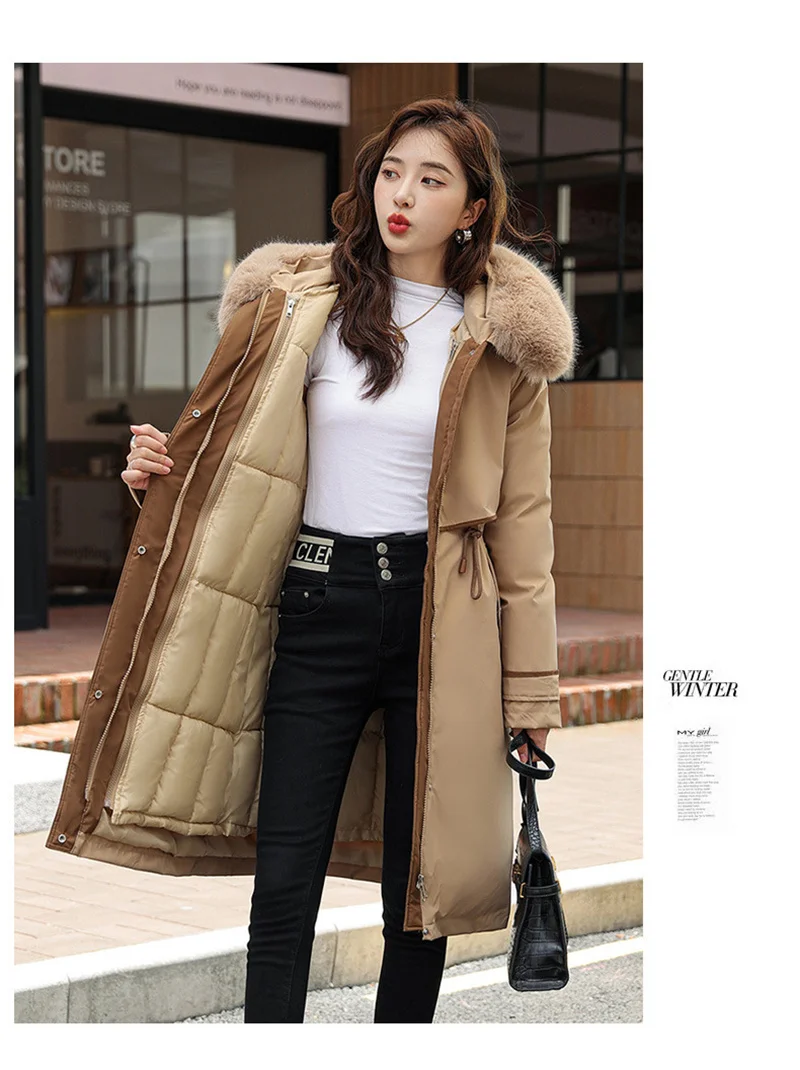 Korean Cotton Lined Winter Parkas Women Faux Fur Collar Hooded Jackets 2023 Warm Cotton Padded Coat Outerwear Female Windbreaker