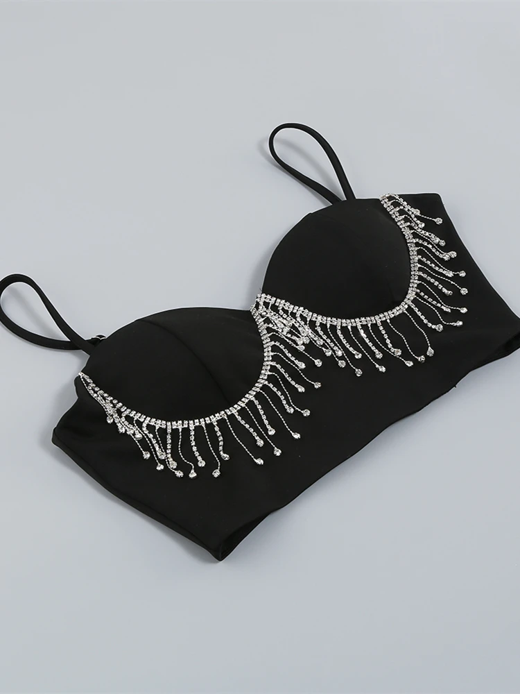 Two Piece Sexy Spaghetti Straps Crystal Diamond Short Top + Pants Set Fashion Black Designer Bodycon Pants Set Celebrity Party