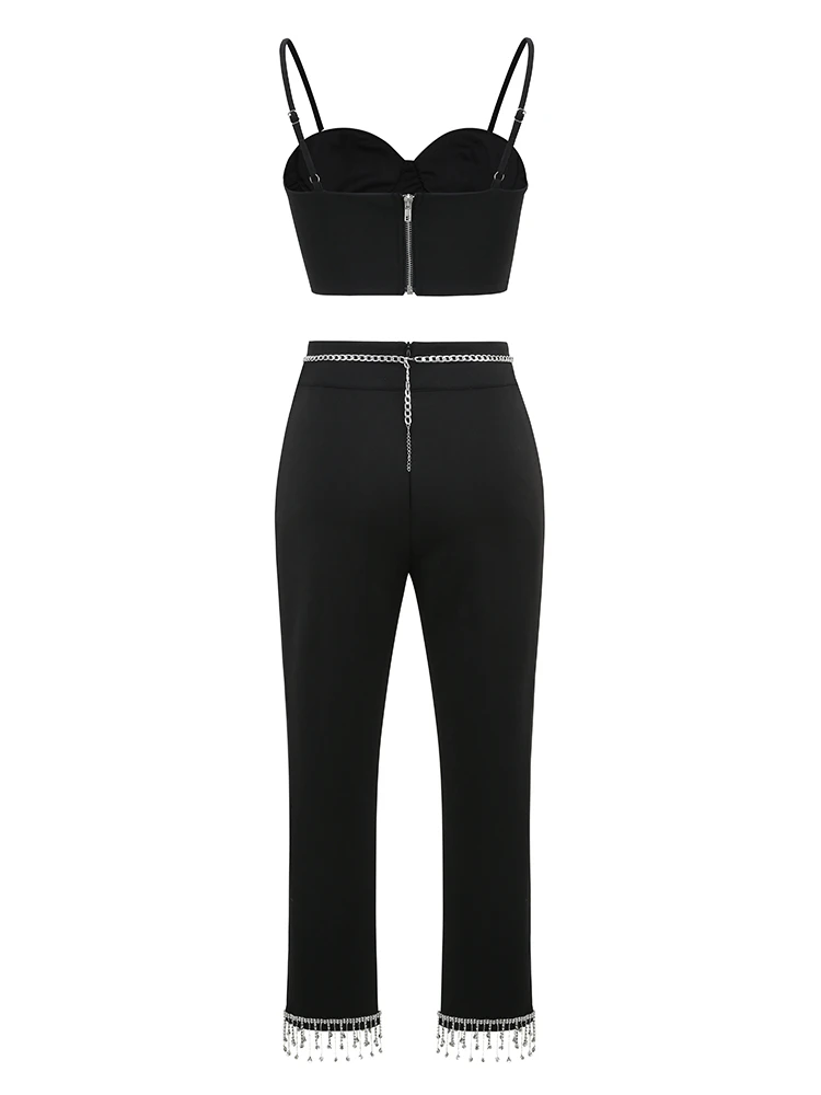 Two Piece Sexy Spaghetti Straps Crystal Diamond Short Top + Pants Set Fashion Black Designer Bodycon Pants Set Celebrity Party