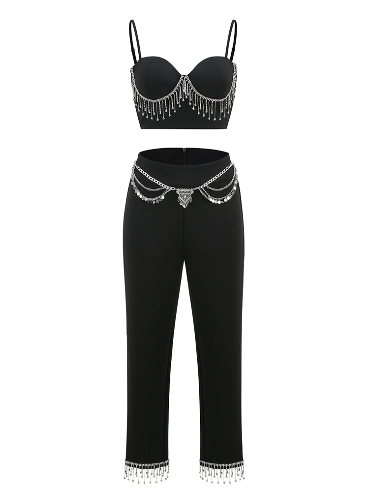 Two Piece Sexy Spaghetti Straps Crystal Diamond Short Top + Pants Set Fashion Black Designer Bodycon Pants Set Celebrity Party