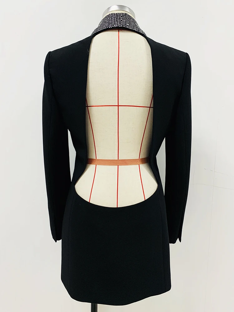 Newest 2026 Designer Long Blazer Women's Stylish Backless Diamonds Beaded Shawl Collar Long Blazer