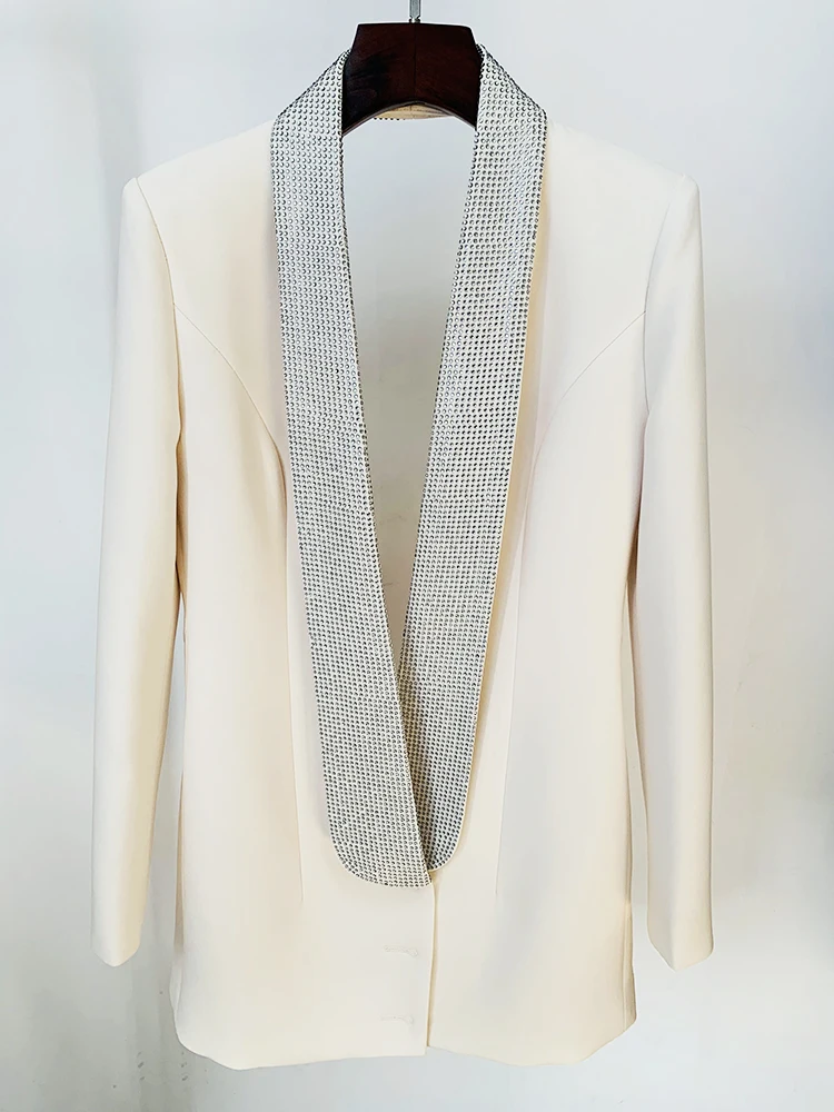 Newest 2026 Designer Long Blazer Women's Stylish Backless Diamonds Beaded Shawl Collar Long Blazer