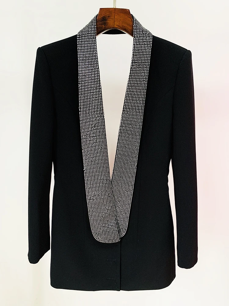 Newest 2026 Designer Long Blazer Women's Stylish Backless Diamonds Beaded Shawl Collar Long Blazer