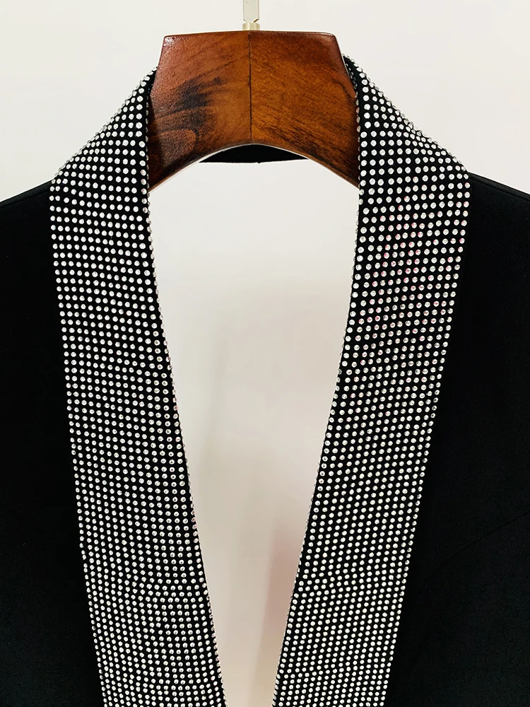 Newest 2026 Designer Long Blazer Women's Stylish Backless Diamonds Beaded Shawl Collar Long Blazer