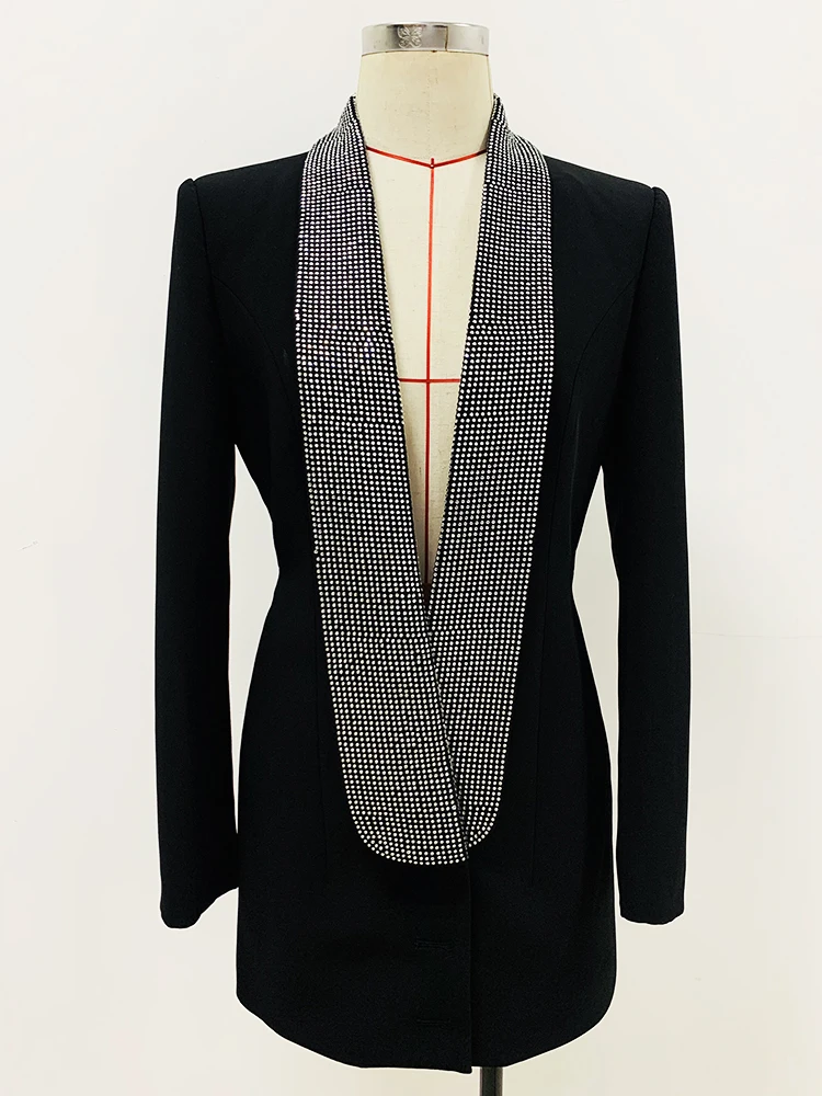 Newest 2026 Designer Long Blazer Women's Stylish Backless Diamonds Beaded Shawl Collar Long Blazer